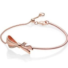 925 пробы серебряный браслет Розовый Блестящий бант шаровая застежка Регулировка браслета подходит для женщин шарик шарм Diy ювелирные изделия