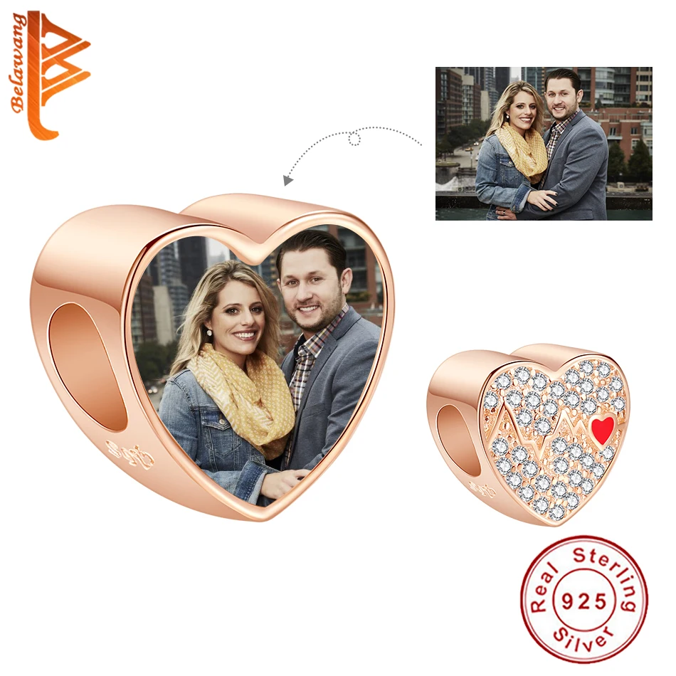 

Christmas 925 Sterling Silver Personalized Charms Rose Gold Color Custom Photo Heart Beads Fit Original Bracelets DIY Jewelry