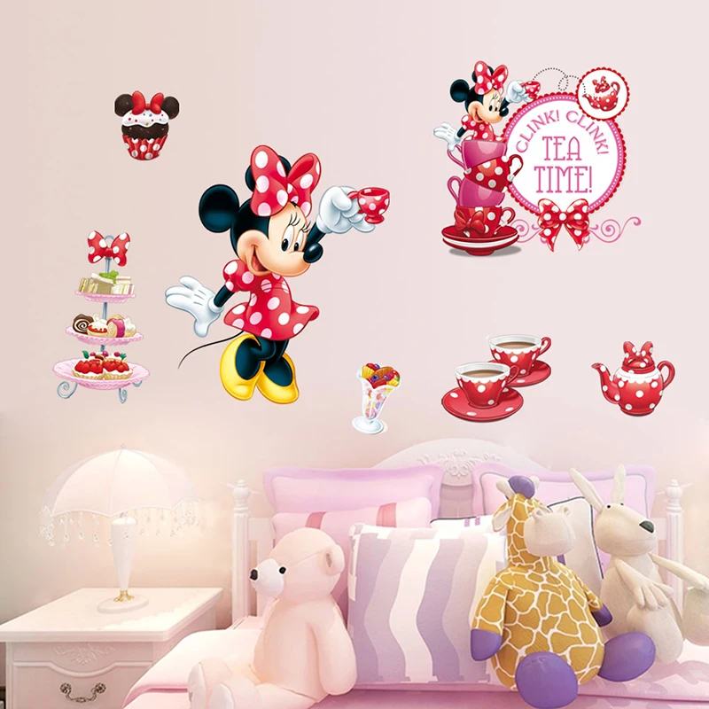 Disney Minnie Mouse Afternoon Tea Cartoon Wall Stickers For Kids Room Home Decor Girl's Bedroom Wall PVC Mural Art DIY Wallpaper