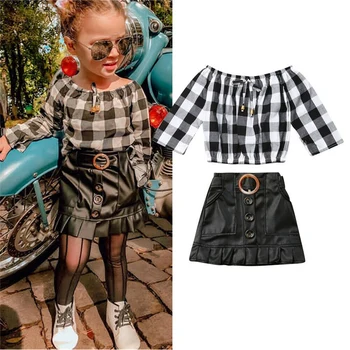 

2PCS Kids Child Baby Girl Summer Clothes Set 2019 New Fashion Plaid Shirt Tops + Mini PU Skirt Outfit Clothes Set Sunsuit