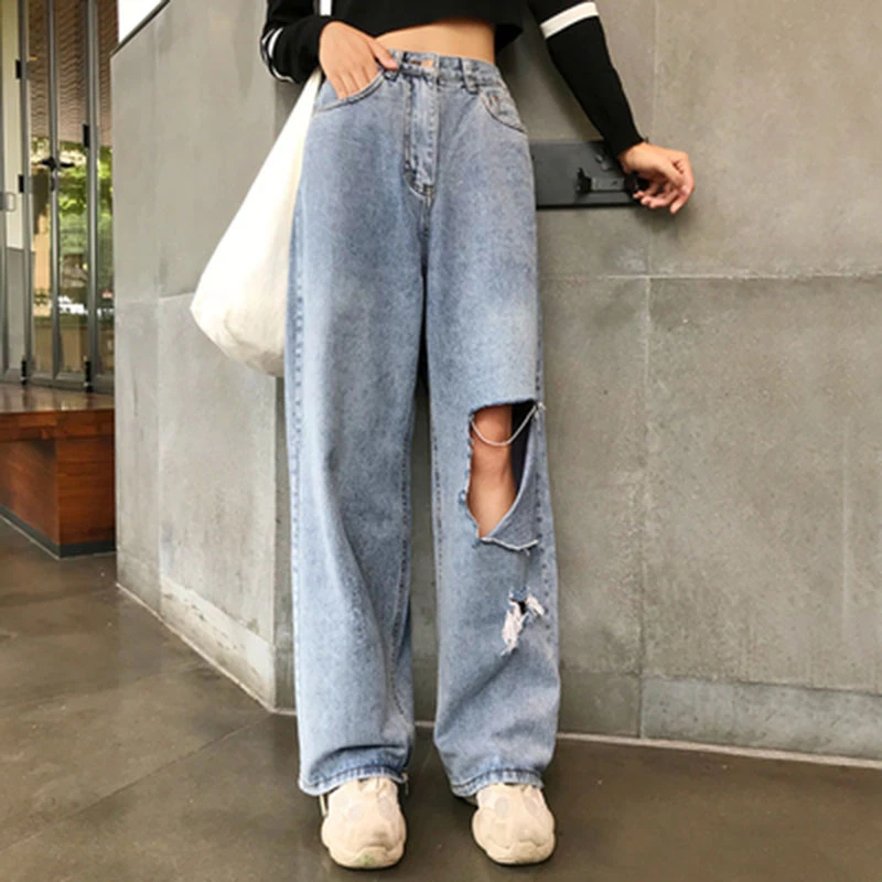 Jeans donna Jeans strappati a vita alta taglia grande 2022 abiti gamba  larga Denim hole blu Streetwear moda pantaloni larghi Vintage KZ169|Jeans|  - AliExpress
