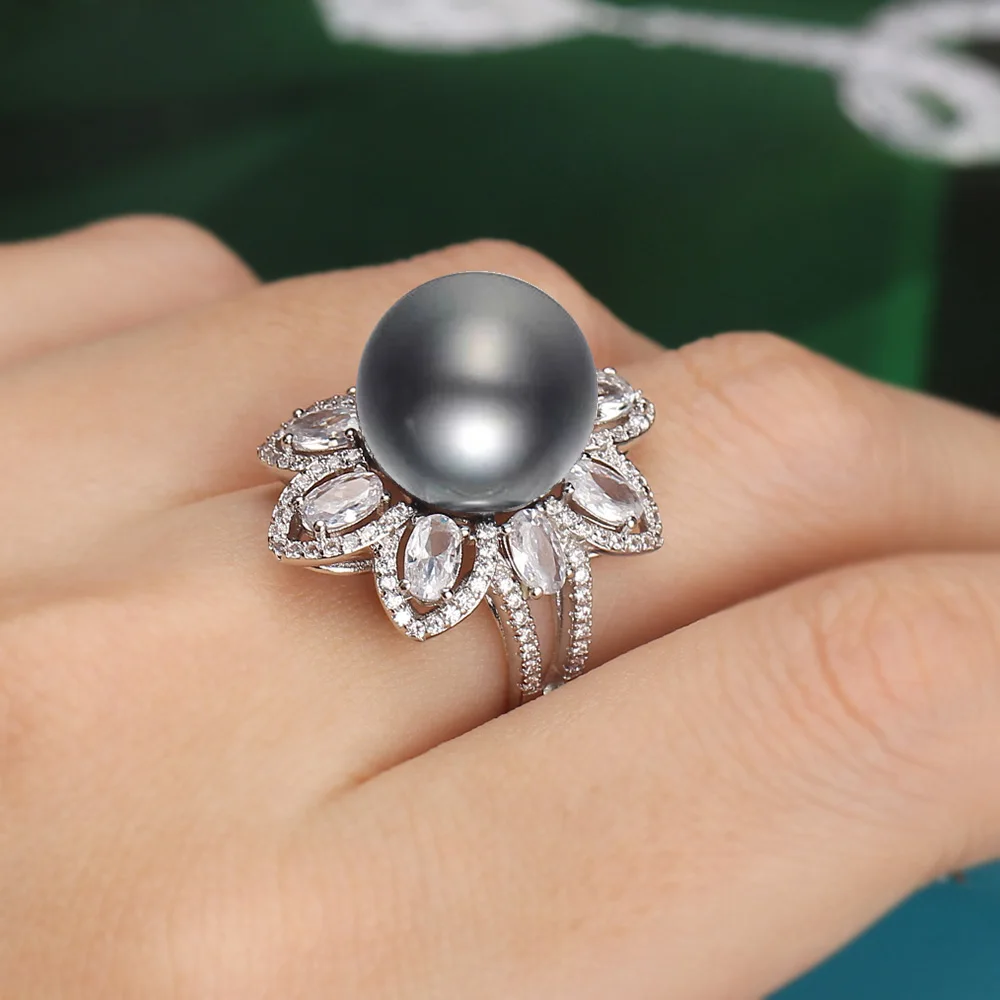 

TIRIM 2019 Sale brand micro paved Cubic zircon Pearl Ring little mushroom Jewelry 9-10mm Shell pearl white/gray/Golden pearl Rin