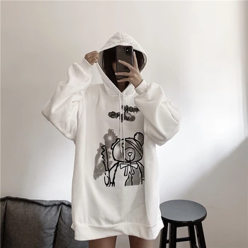 

Fashion Cartoon Bear Print Women Fleece Hoodies Loose Female Hooded Sweatshirt Tracksuit Warm Winter Lady Pullovers