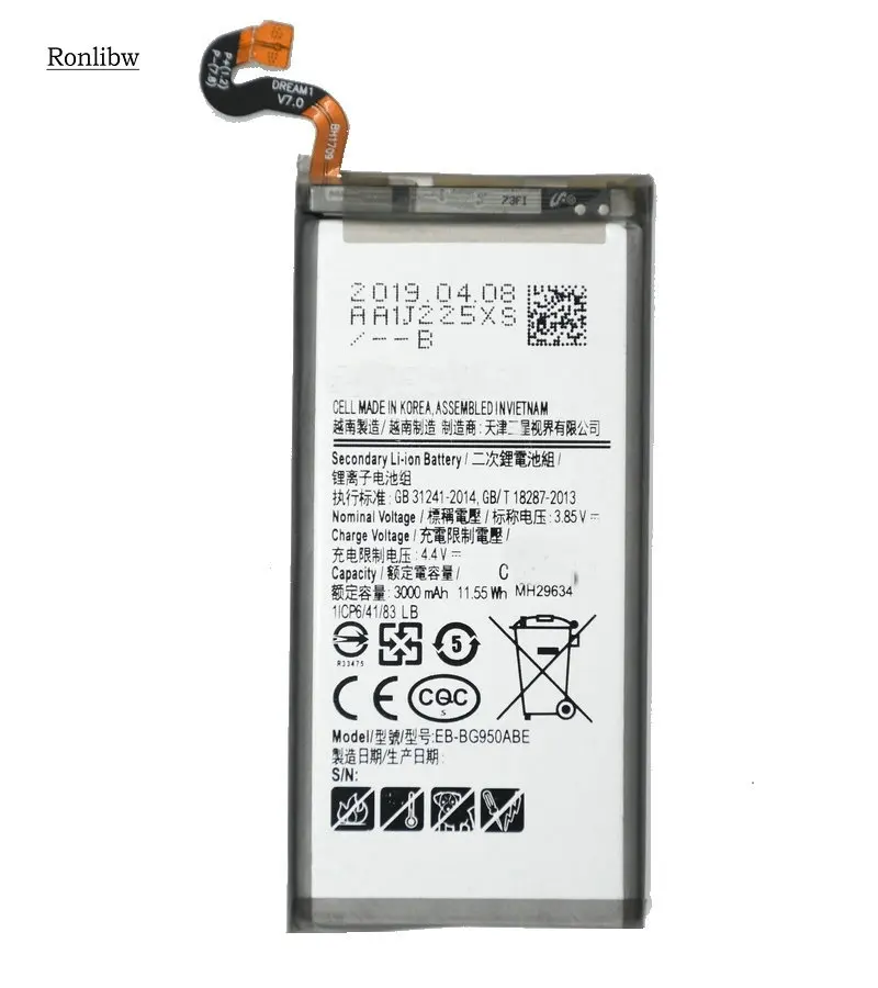 Ronlibw, 5 шт./набор, 3000mA Замена Батарея EB-BG950ABE для Samsung Galaxy S8 SM-G9508 G9508 G9500 G950U SM-G G Project Dream мобильного телефона
