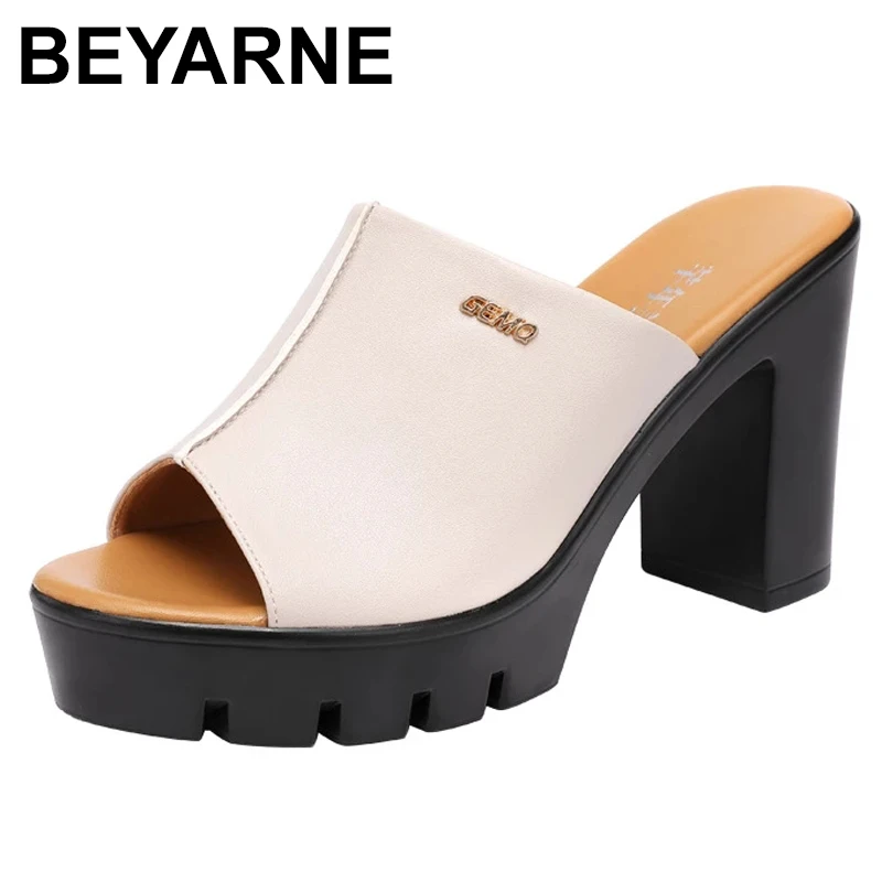 

BEYARNESmall Big Size 32-43 Block Heel Platform Shoes Summer Slippers 2021 Open Head High Heels Slides Women Office Elegant