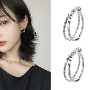 

Punk Style Silver Color Double Layer Circle Stud Earrings Round Geometric Earring For Women Girl Gift Fashion Jewelry