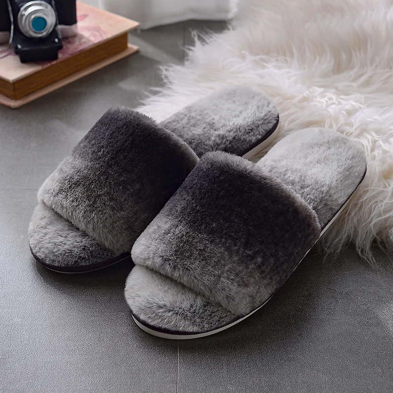 ASIFN New Couple Fur Slippers Women Wear Autumn and Winter Thick Bottom Home Wild Flat Bottom Plush Zapatos Mujer - Цвет: Серый