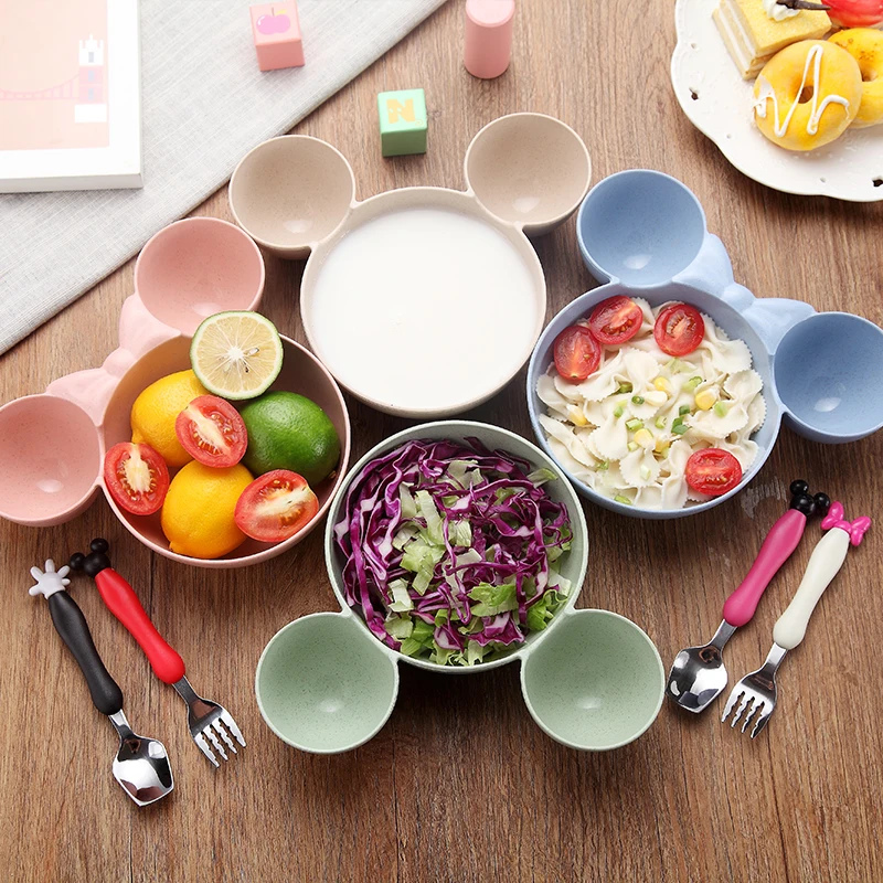 

Household Kitchen Tool Dinnerware Cartoon Mickey Kids Straw Tableware Creative Baby Partition Plates Fun Fruit Snack Rice Bowl