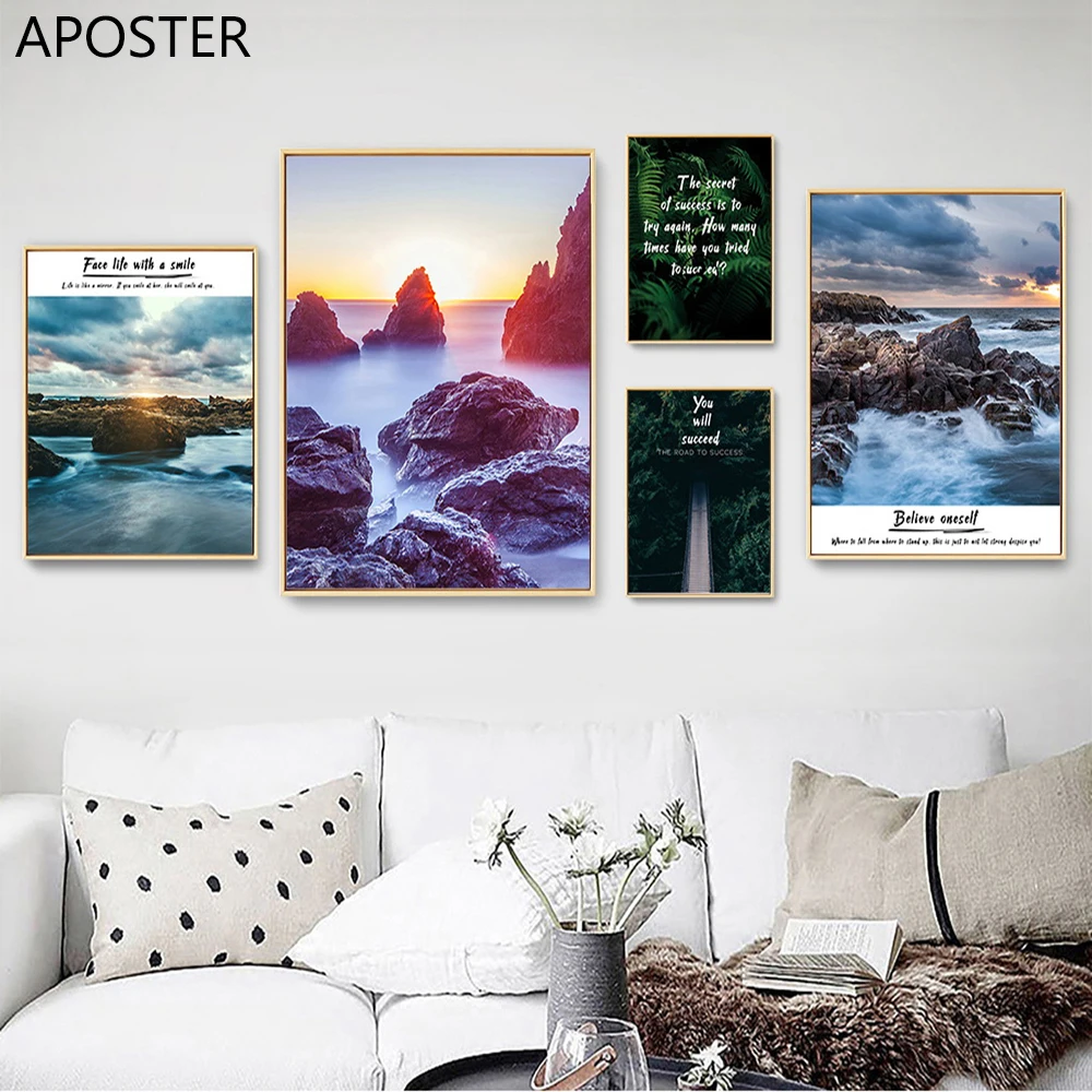 

Sea Sunset Landscape Canvas Painting Scandinavian Nature Wall Art Nordic Poster Prints Inspirational Picture Living Room Decor