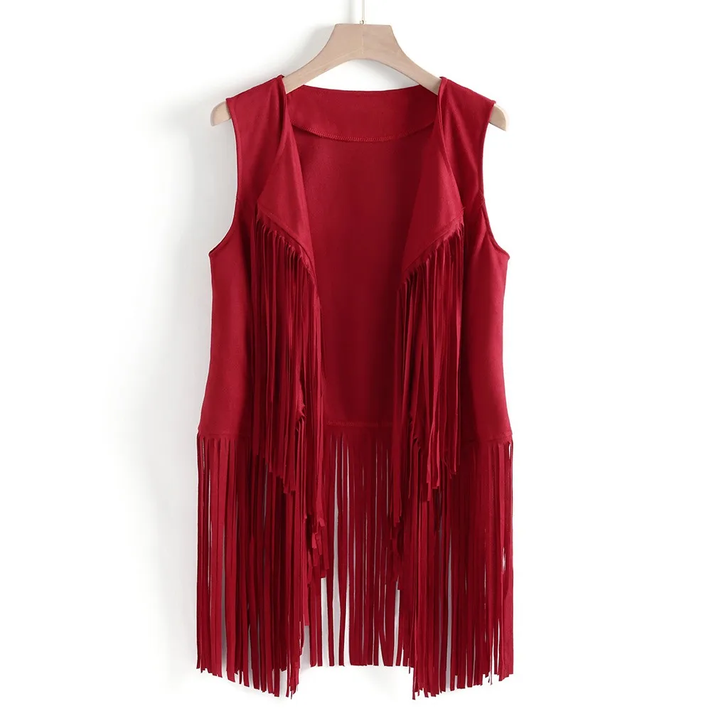 Women Autumn Winter Suede Ethnic Sleeveless Tassels Fringed Vest Cardigan