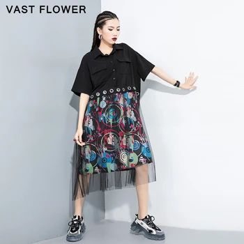 

Mesh patchwork pattern print irregular plus size women dress loose casual fashion elegant clothes summer 2020 ladies dresses