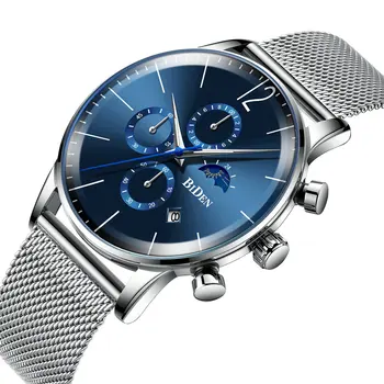 

Dress Casual Mens Watches Top Brand Luxury Ultra Thin Quartz Watch Men Sun Moon Display Mesh Strap Chronograph Blue Wristwatch