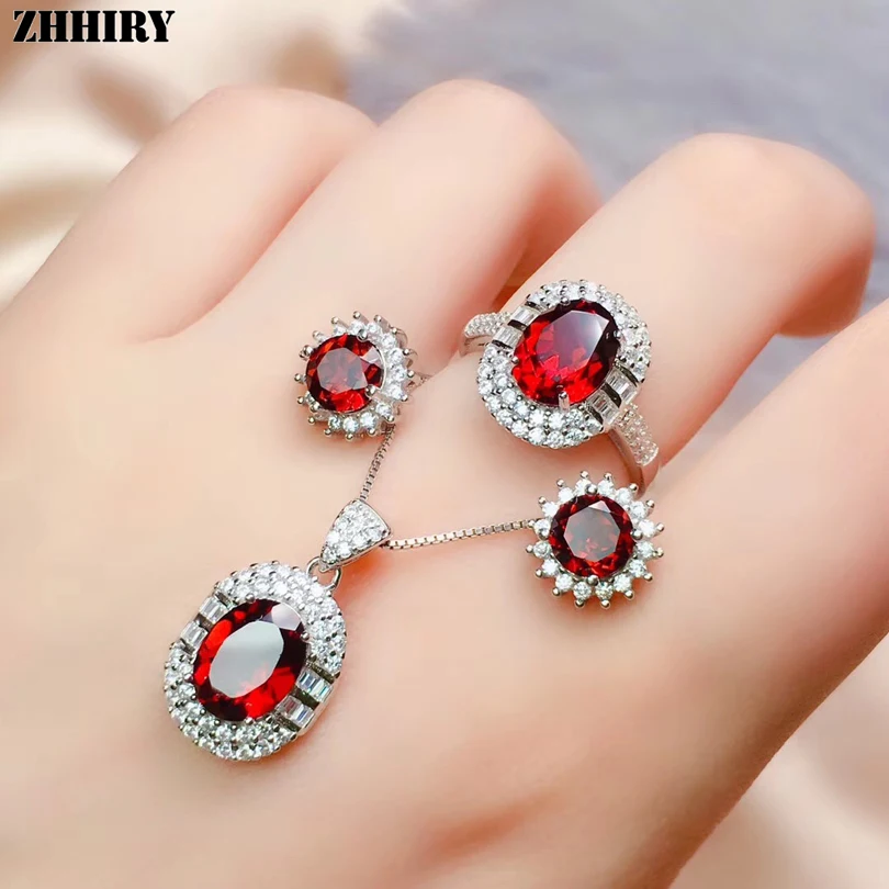  ZHHIRY réel rouge grenat 925 Standard bijoux en argent ensembles bague boucle d'oreille collier pie