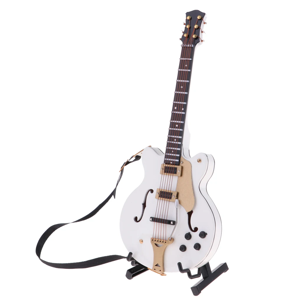 1:6 Mini Guitar with Stand and Case Miniature Dollhouse Decoration (White)