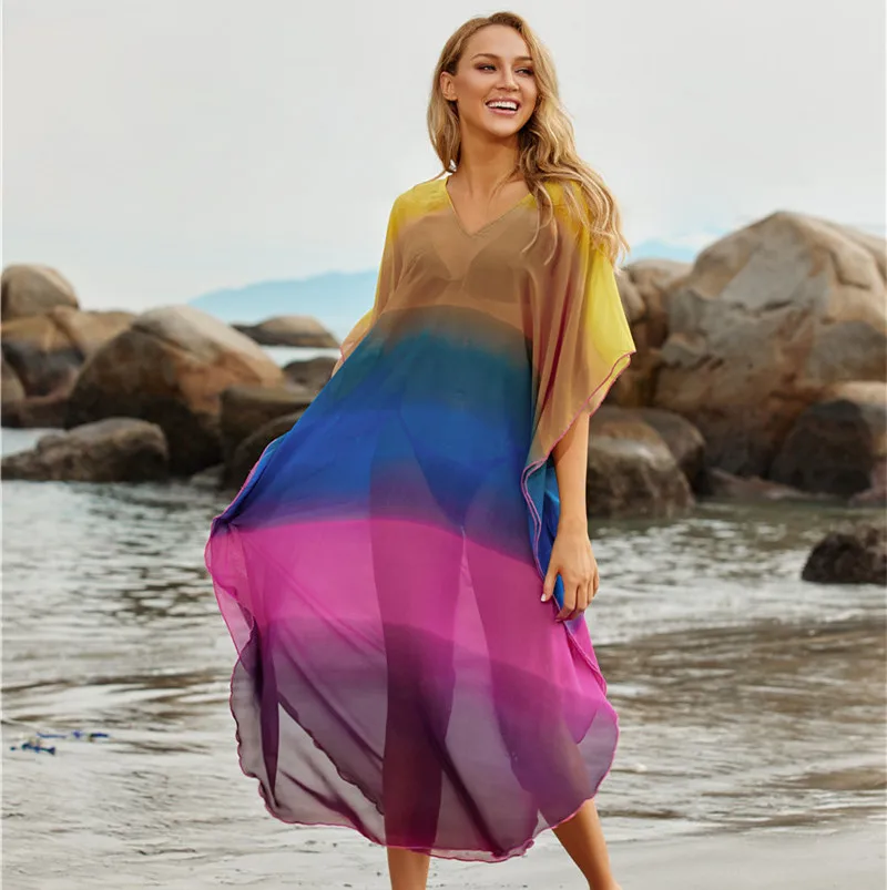 

Chiffon Rainbow Bikini Cover-ups Boho V-neck Summer Beach Dress Tunic Women Plus Size Sexy Beach Wear Swim Suit Cover Up