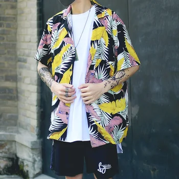 

Men's Hawaiian Shirts Colored Feathers Print Short-Sleeved Thin Casual Shirts Male Hip hop Streetwear Summer Tour Top Clothes