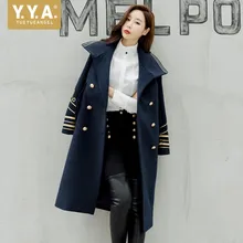 BF стиль женское длинное пальто в стиле милитари Wooeln двубортное Смешанное пылевое пальто темно-синяя вышивка средней длины зимняя тонкая верхняя одежда куртка