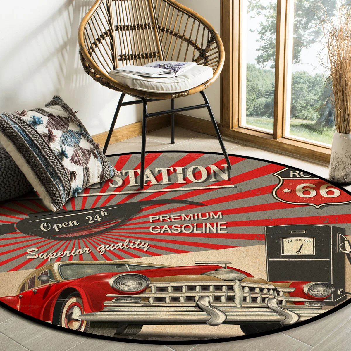 Круглый ковер ретро автомобиль плакат Route 66 Авраам микрофибра лохматые кухонные коврики гостиная питомец Ресторан Крытый Коврик