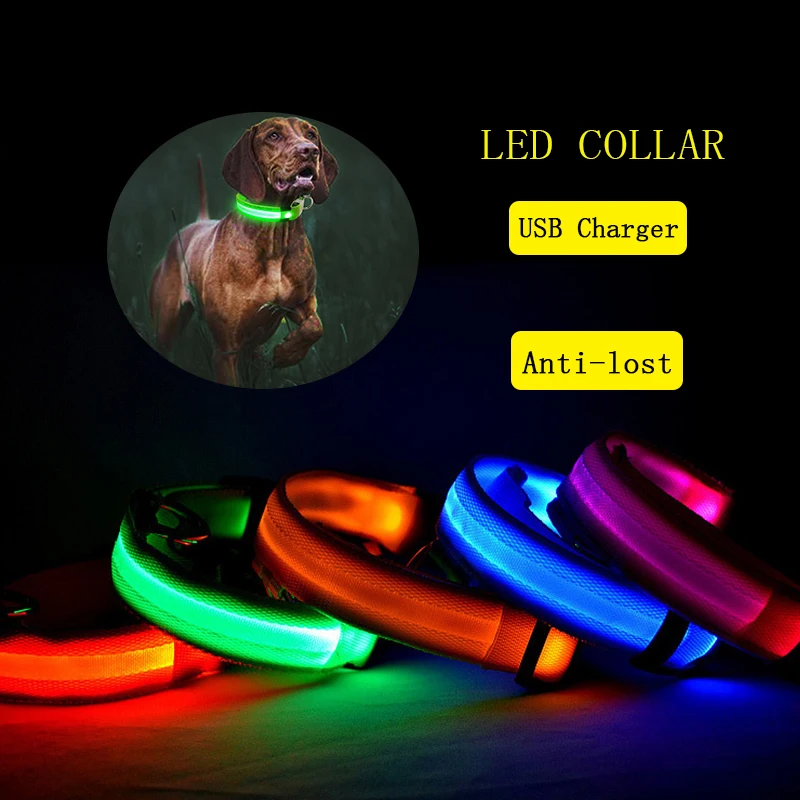 Ошейник для собак Светящийся зарядка через usb, светодиодный светильник, мигающий нейлоновый поводок для собак, для щенков, маленьких, средних и больших собак, для прогулок, безопасные товары для домашних животных