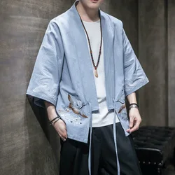Robe Kimono de Style chinois pour hommes, Cardigan avec broderie de grue, costume Tang, Blouse d'art de thé, manteaux Haori japonais 