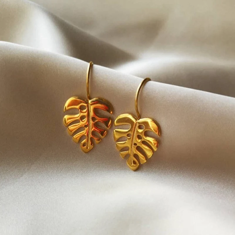 Gold Colour Monstera Leaves Drop Tropical Earrings Creative Handmade Design Fine Jewelry For Women Bijoux Ear Hoop 2022 Trending | Украшения