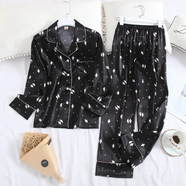 Lisacmvpnel Long Sleeve Pajamas Autumn Ice Silk Long Sleeve Trousers Suit Printing Fashion Pyjamas Set Blac