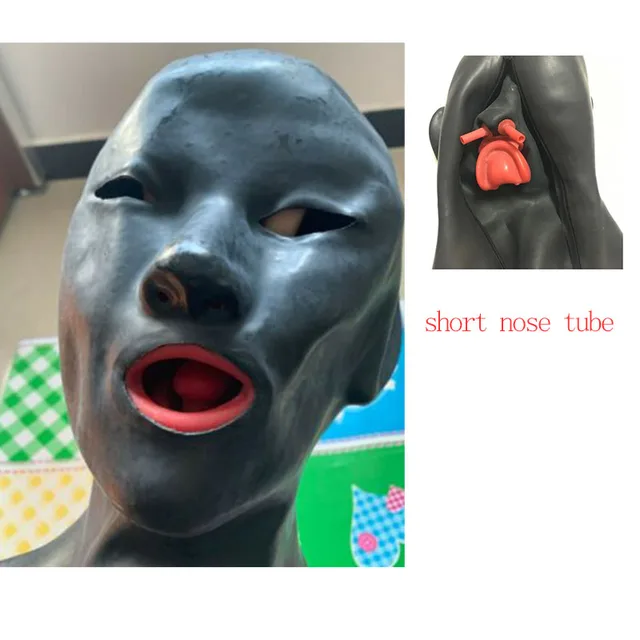 0.6mm Mould Full Head Latex Mask Fetish Open Closed Eye Rubber Hood with Red Mouth Teeth Lip Sheath Tongue Nose Tube 54-57cm open eye short tube