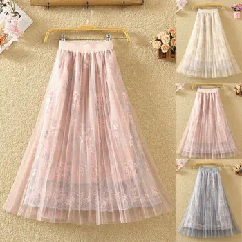

Fashion Women Casual Maxi Elastic Ladies Skirts Summer Beach Holiday Sundress Skirt Mesh Sheer Pink Gray Harajuku Kawaii Style