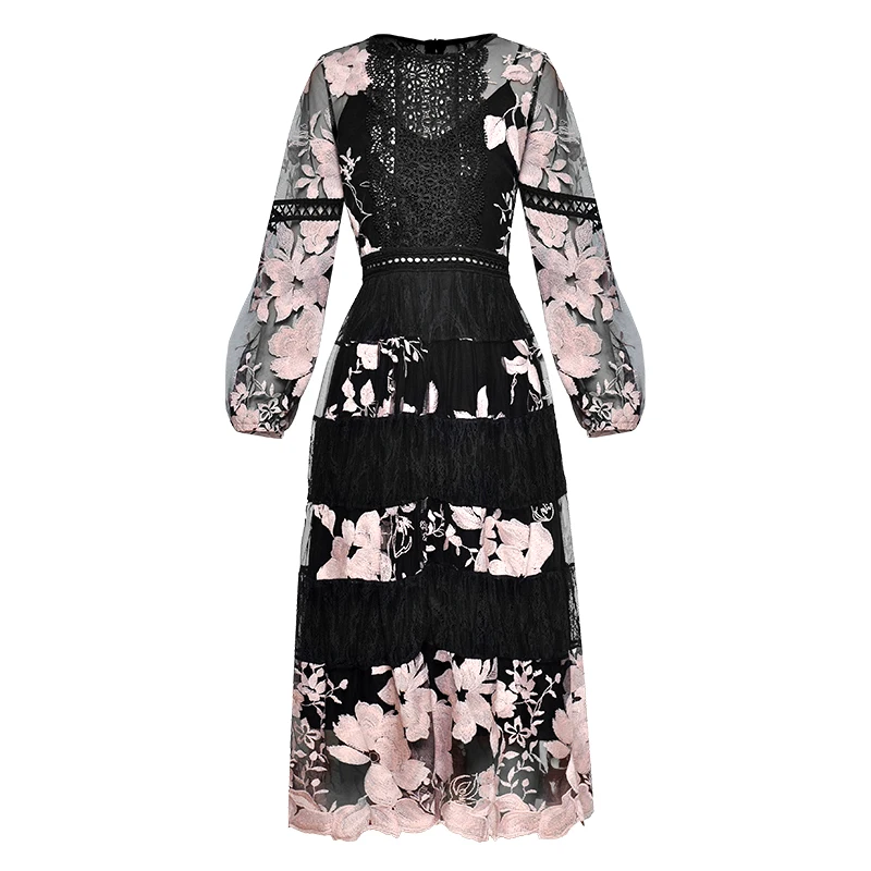 Женское элегантное Сетчатое платье макси с цветочной вышивкой и длинным рукавом-фонариком, весна, высокое качество, винтажное черное кружевное платье для женщин