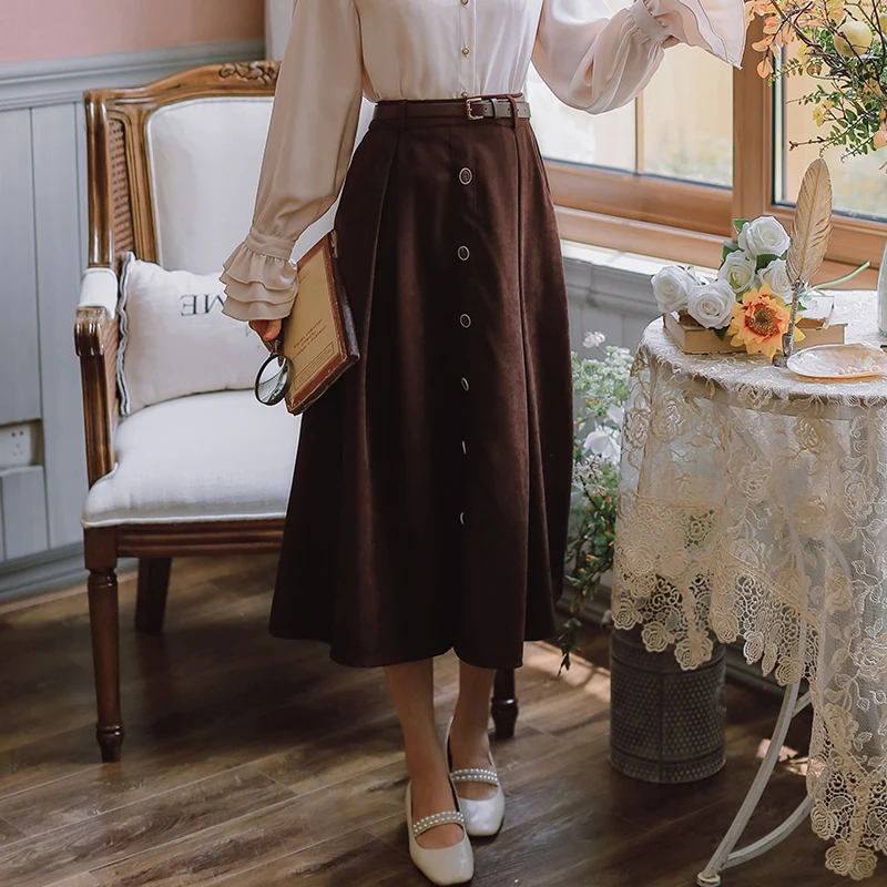 

Fall 2020 Japan Style Sweet Women's Skirt Winter Casual Elastic Waist Single Breasted A-Line Pleated Skirt With Belt Black Brown