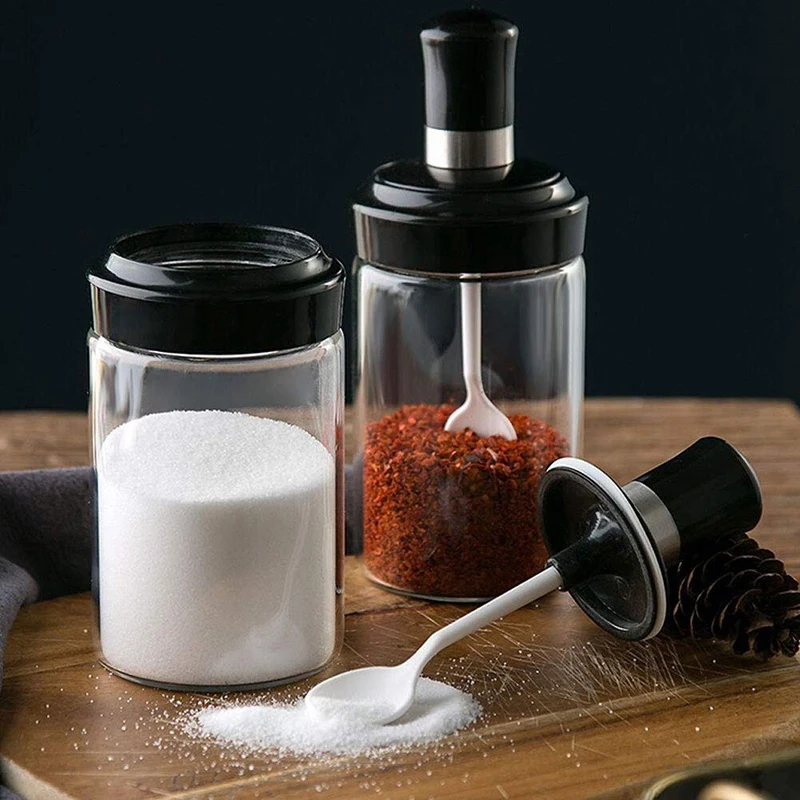 

Glass Spice Jar with Serving Spoon and Screw Lid Seasoning Box Condiment Salt Sugar Storage Food Bottle for Home Kitchen