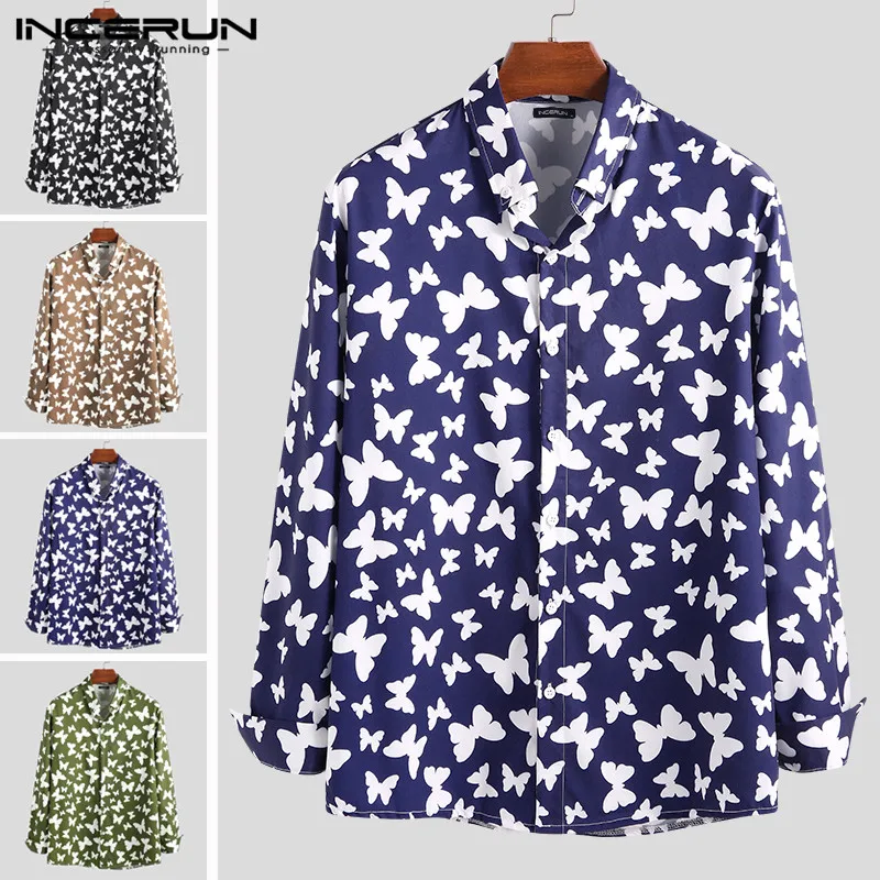 INCERUN Men Chic Butterfly Printed Long Sleeve Shirts Casual Vacation Brand Lapel Neck Button Down Blouse Camisa Masculina 2020