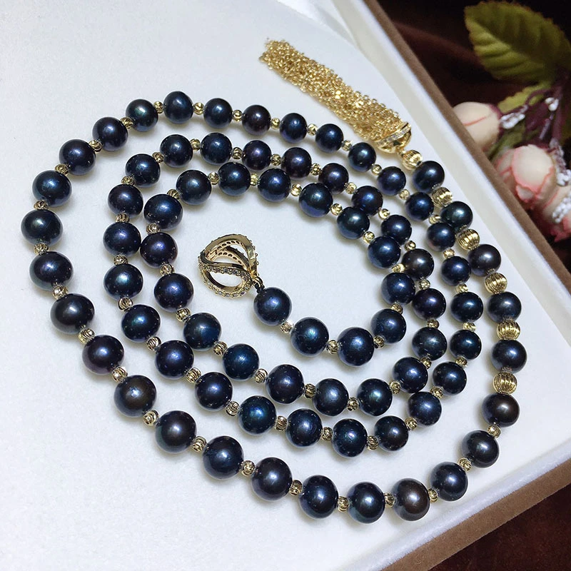 

HABITOO Black 10-11mm Cultured Freshwater Pearl Tassel Necklace Waist Chain Vintage Statement Jewelry for Women Charming Gifts