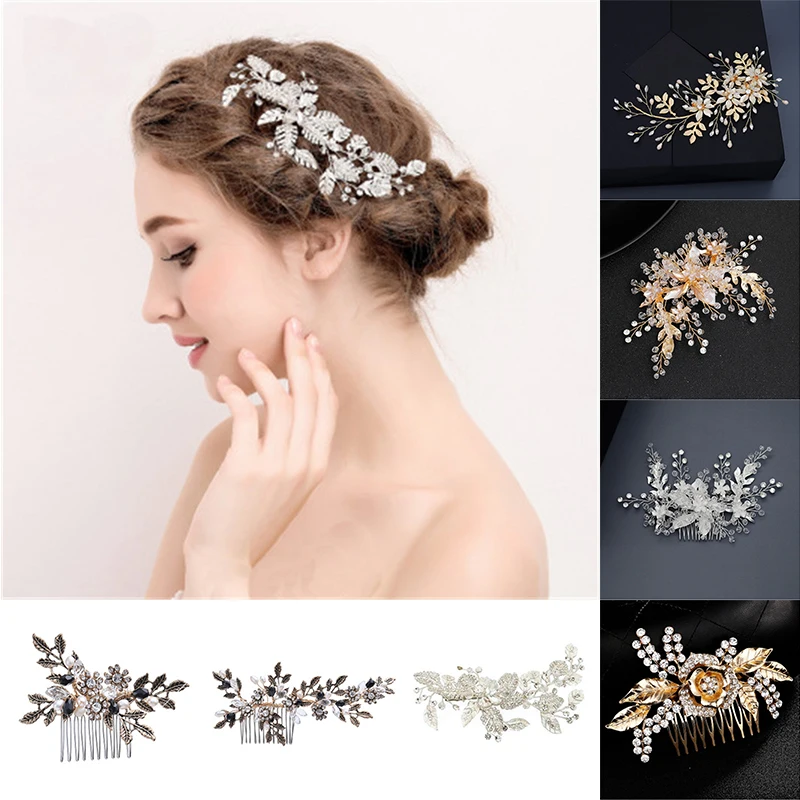 

Flowers Bridal Hair Combs Metal Leaf Women jewelry Accessories Trendy Handmade Bride Headwear Silver Head Comb Charms Headdress