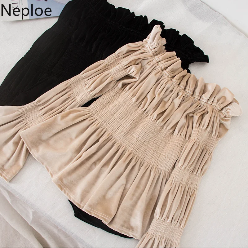 Neploe/элегантная деревянная одежда, короткая блузка с оборками, женская сексуальная открытая бархатная блуза с длинным рукавом, Blusas, Осень-зима 46397