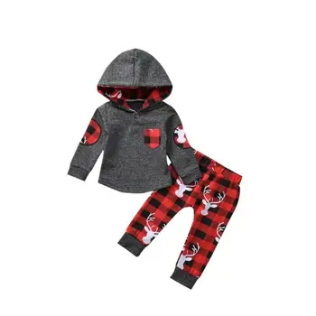 

Long Sleeve Hooded Top Plaid Pants Cotton Outfit Christmas Toddler Baby Girl Boy Clothes Set