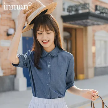 

INMAN 2020 Summer New Arrival Lapel Simple but Elegant Embroidered Retro Short Sleeve Blouse