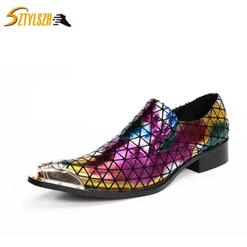 

New Men Dress Shoes Fashion Style Man Mixed Color Bright Genuine Leather Wedding Shoes Social Sapato Male Oxfords Flats Shoes