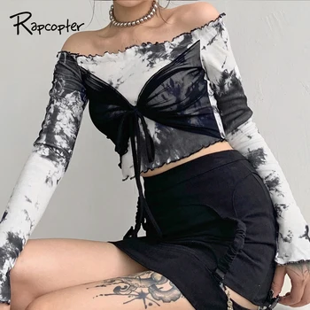 

Rapcopter Mesh Patchwork Y2K Top Knitted Crop Top Full Sleeve T Shirt Slash Neck Tie Dye Lace Up Female Tshirt Frill Party Top