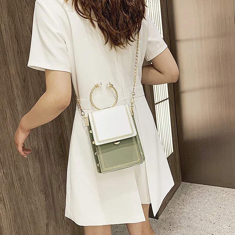 

2019 New Style Korean-style WOMEN'S Bag Pu-Style Pearl Wrist Rivet Square Sling Bag Contrast Color Topstitching Crossbody Bag