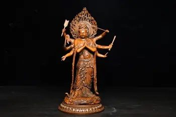 

Home Decor 10" China Collection Old Boxwood Eight-wall Guanyin Buddha Dharma implement Avalokitesvara Amitabha statue
