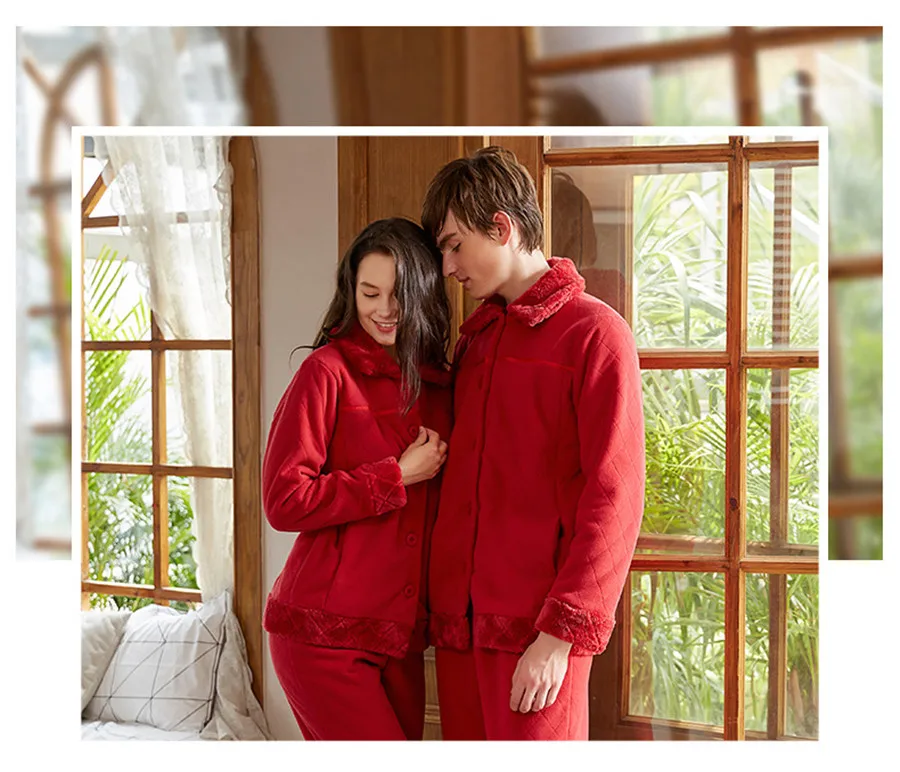 Thicken Flannel Winter Couples Pajamas Set For Women Men Plush Fabric Sleepwear Pyjamas Suit man Casual Home Clothing male
