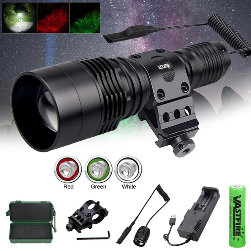 1300 Lumens 400 Yards XRE Red Green White Predator Flashlight LED Tactical Hunting Weapon Light Zoomable Focus Adjustable Torch