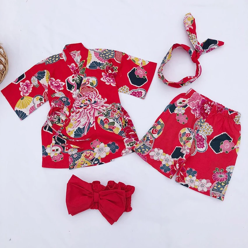 Red set Харадзюку, японское традиционное кимоно для девочек, Восточный этнический детский хлопковый комплект хаори+ шорты, банный юката, одежда для сна, одежда для спа - Цвет: Red set