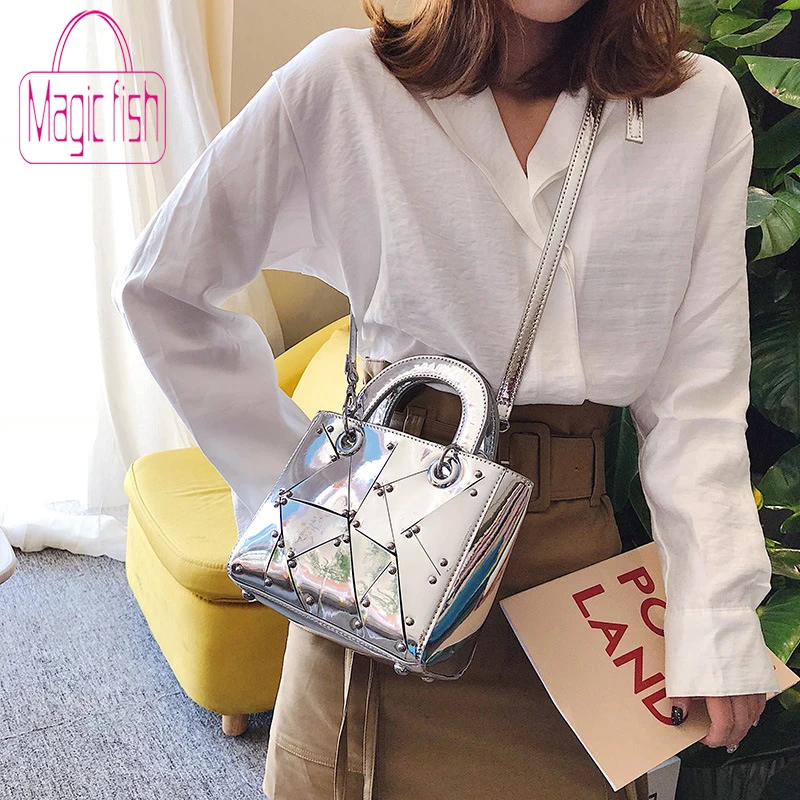 

Magic Fish Women Mirror Handbag Shoulder Bag British Fashion Female Handle Bag Handbag Rivet Tote Bag High Quality PU Leather
