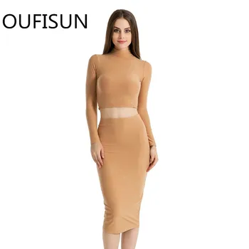 

Oufisun 2020 Autumn Sexy Long Sleeve Turtleneck Slim Two Set Long Skirt And Short Top Solid Womens Casual Two Set Ladies Sets