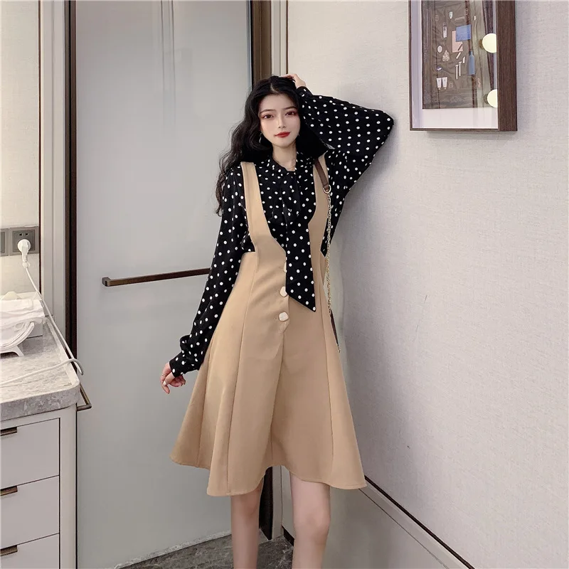 

Photo Shoot 2019 Polka Dot Bow Bandage Cloth Chiffon Shirt + Suspender Skirt Two-Piece Set