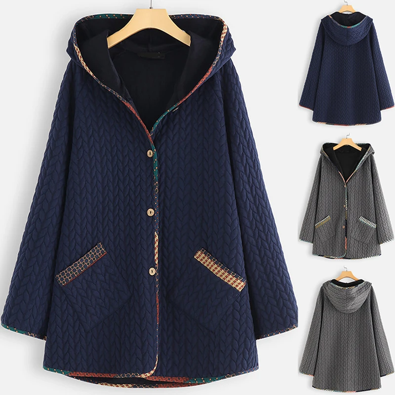 Hot Sale Womens Warm Casual Loose Hooded Ladies Long Sleeve Pocket Large Size Coat Jacket Winter Woman Button Hooded Coat 2019