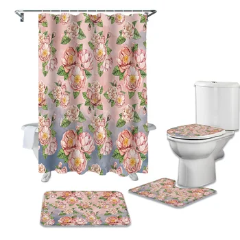 

Romantic Peony Shower Curtains Set Bathroom Waterproof Shower Curtain Bathroom Set with Shower Curtain and Rugs