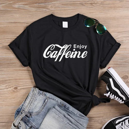 ONSEME, женская уличная одежда, повседневные футболки, Enjoy Caffeine, футболка с буквенным принтом, женские Забавные футболки Cola, Harajuku, базовая хлопковая футболка - Цвет: Black